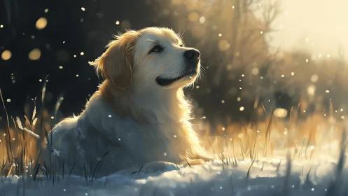 Golden retriever lying in winter field at sunset light.