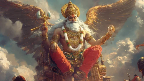 Winged mythic deity in ornate golden armor amid storm clouds