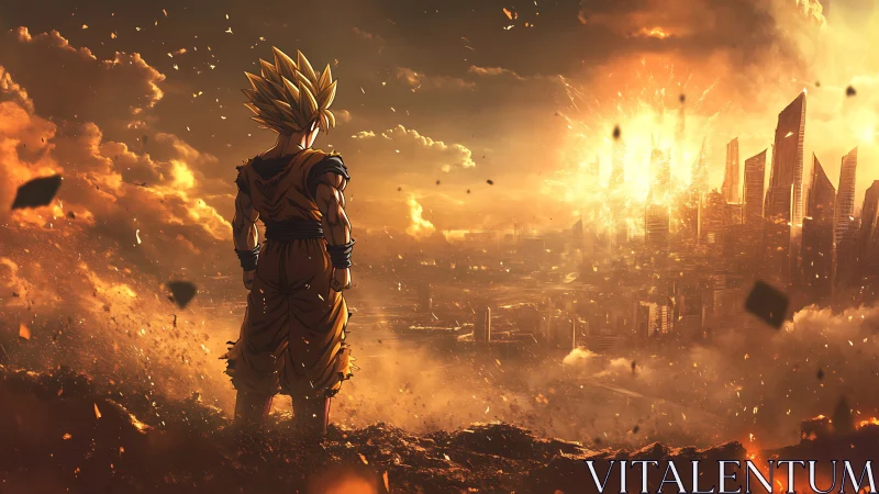 Saiyan warrior watching fiery destruction of city skyline.