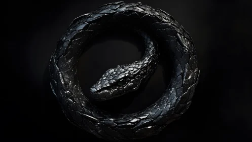 Dark metallic ouroboros snake in a coiled circular form, digital art.