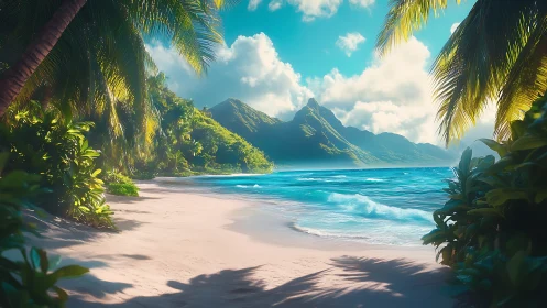 Tropical beach cove with volcanic peaks and palm vegetation