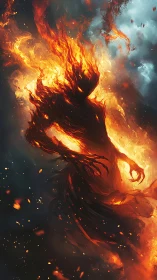 Humanoid fire figure rendered in high-contrast vertical flames