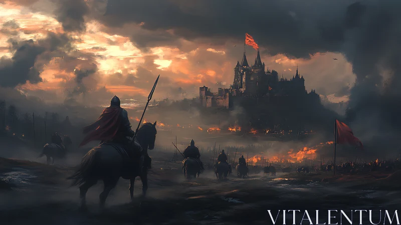 Armored cavalry approaches burning citadel under storm lit sky