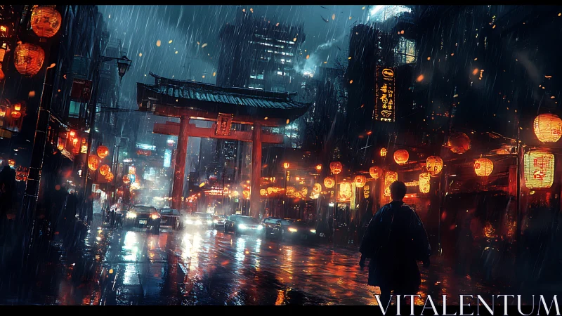 Lantern storm over neon gate in rain soaked night market.