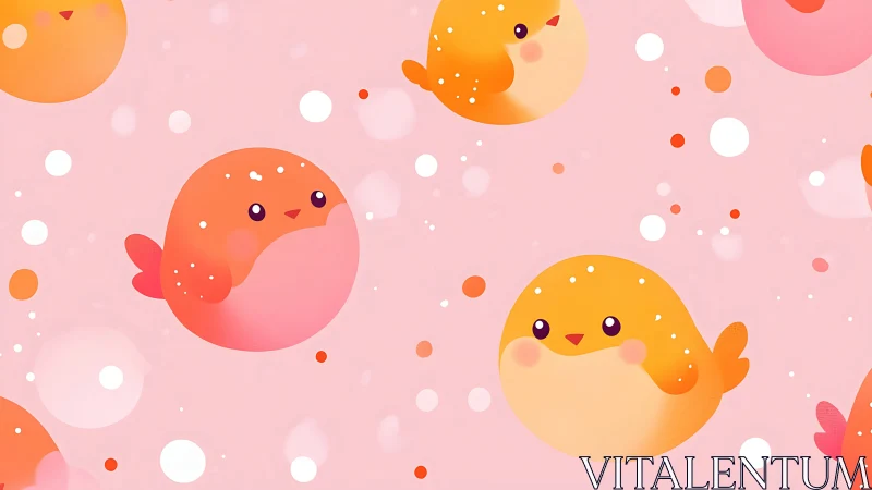 Cartoon birds repeat across a pink background in flat layout