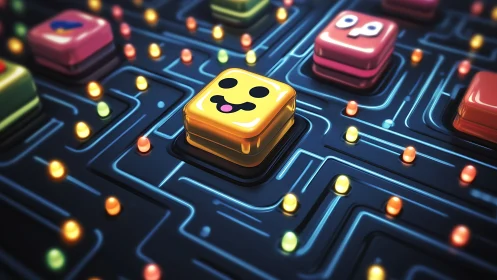 Playful pixel maze with smiling neon game characters.