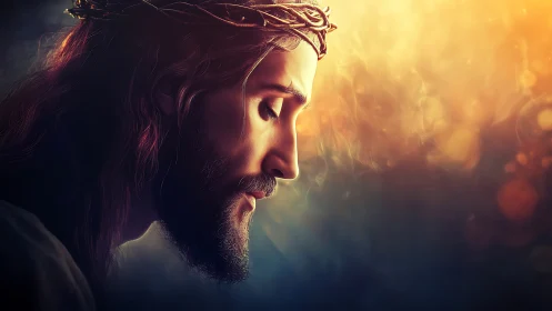 Side profile of robed figure with thorn crown in warm light