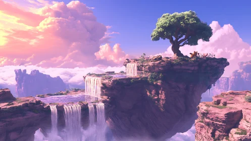 Floating Mesa with Majestic Tree and Cascading Waterfalls.