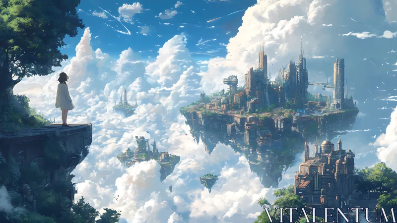 Girl overlooking vast floating sky city among clouds.