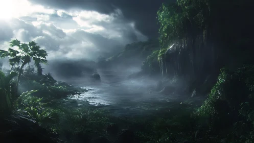 Tropical Landscape with Mist-Covered Waterway