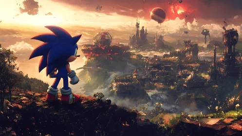 Heroic blue hedgehog quietly surveys a glowing ruined world