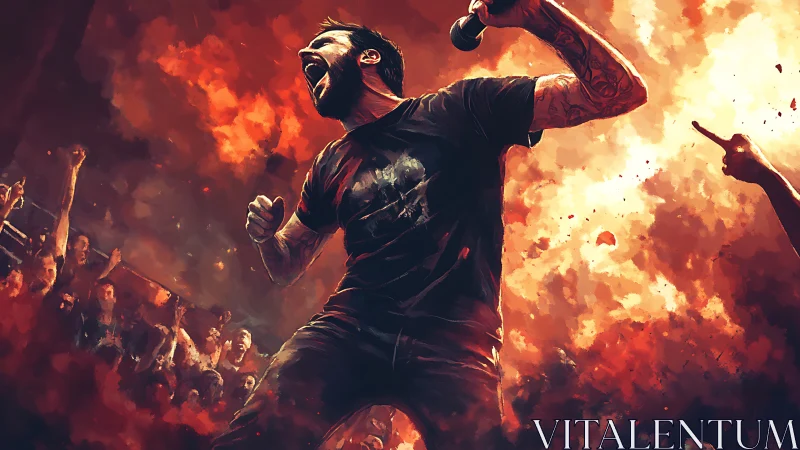 Rock vocalist screams into microphone amid fiery crowd