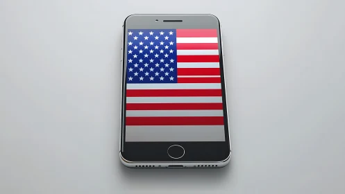 Smartphone displaying United States flag on gray surface.
