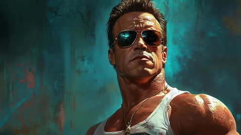 Muscular man in sunglasses against teal abstract backdrop.