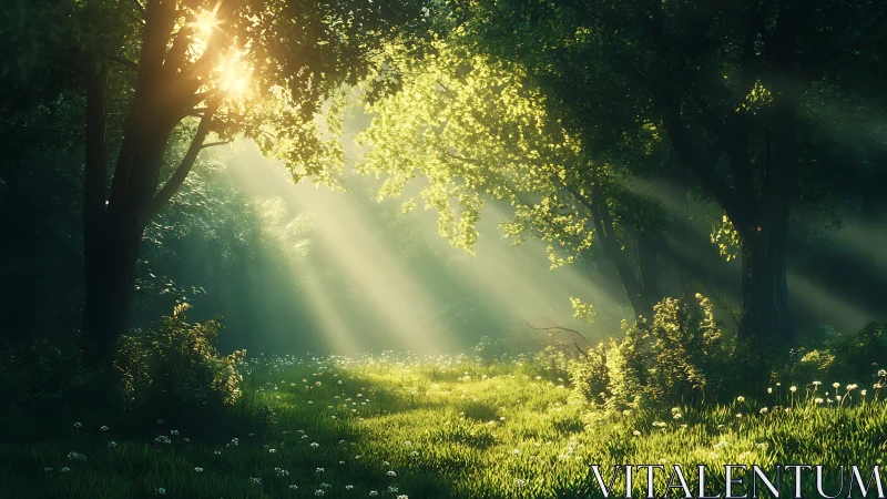 Sunlit forest clearing glows with soft morning light