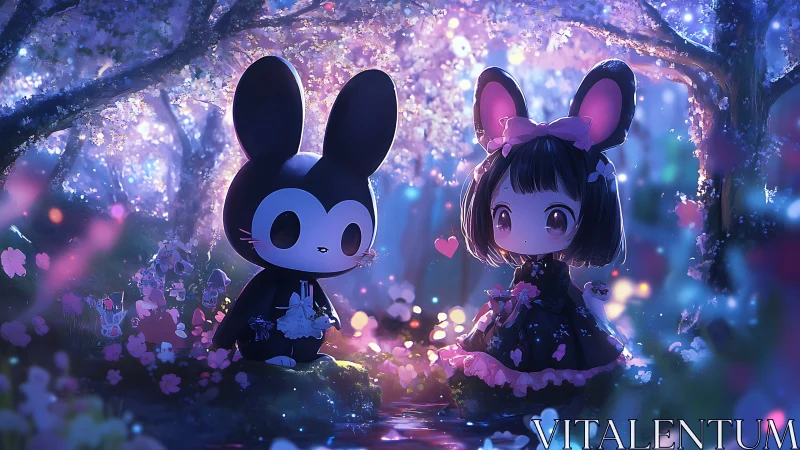 Chibi bunny companions under luminous cherry blossom canopy.