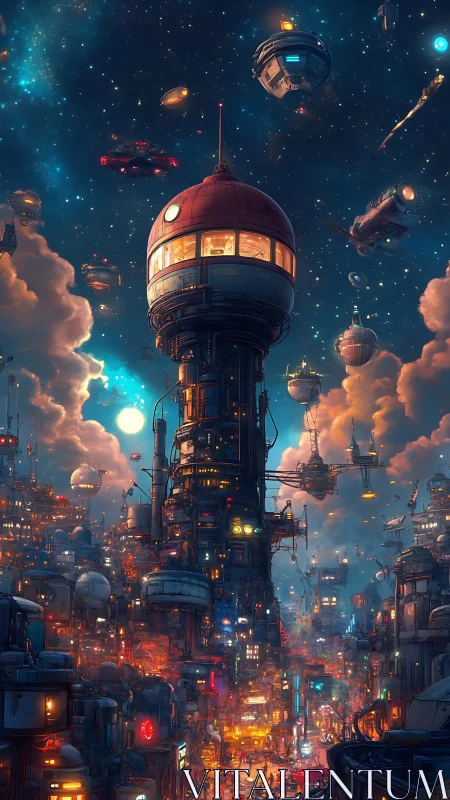 Dense futuristic city with central tower under starry sky.