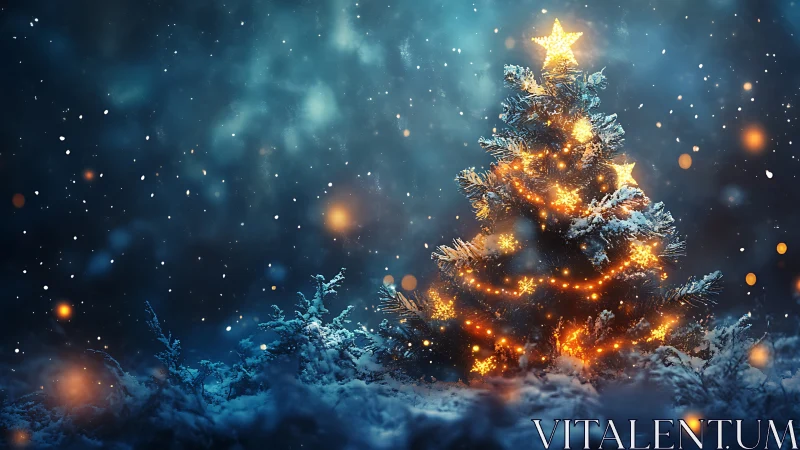 Illuminated Christmas tree glows against deep winter night sky