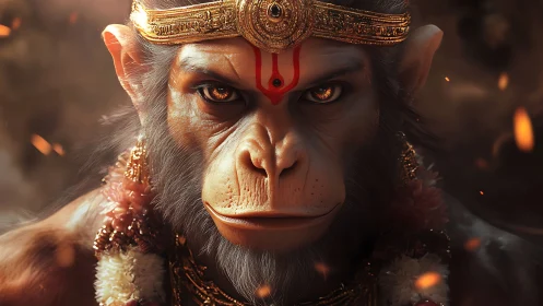 Simian-faced deity figure with ornate crown and markings.