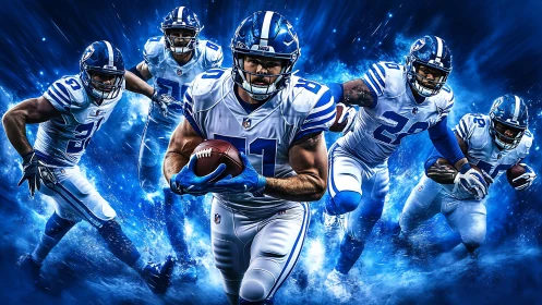 Dynamic gridiron runners in high-impact digital painting composition.