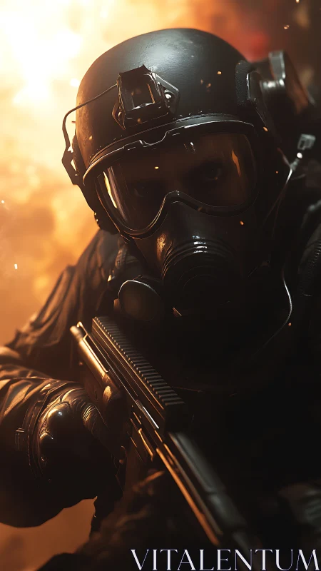 Tactical soldier in gas mask moving through explosion.