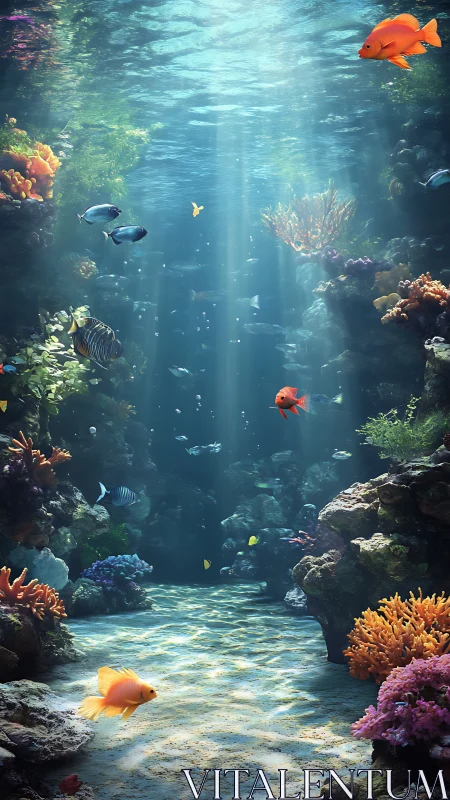 Sunlit coral reef corridor shimmers with drifting tropical fish