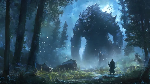 Forest colossus confronts lone wanderer in moonstruck mist.