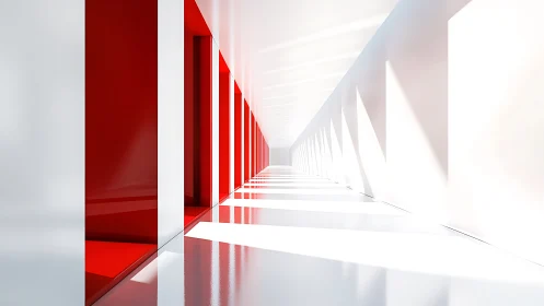 Modern corridor with alternating red and white panels receding into light.