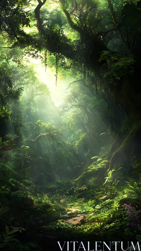 Dense tropical forest interior with dramatic light rays and vegetation