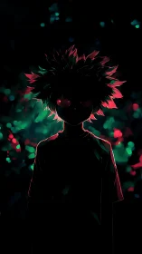 Backlit silhouette youth with neon rim lighting in darkness.