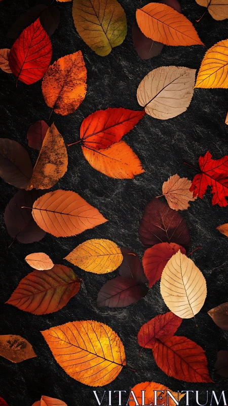 Autumn foliage pattern on dark textured stone background.