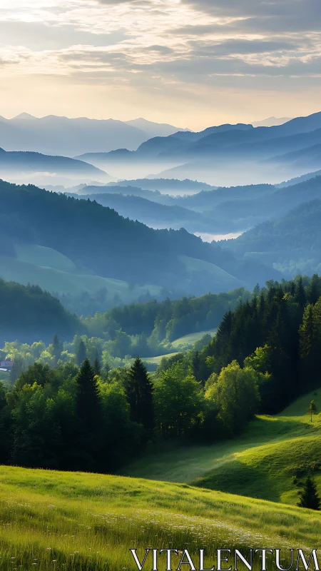 Sunlit alpine valley with layered misty blue ridges.