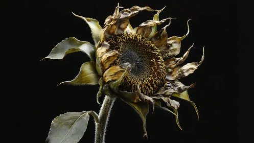 Withered sunflower head under dramatic low key lighting.