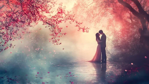 Romantic couple embraced beneath blooming cherry blossom trees.