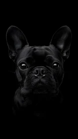 Black French bulldog portrait emerges from deep darkness.