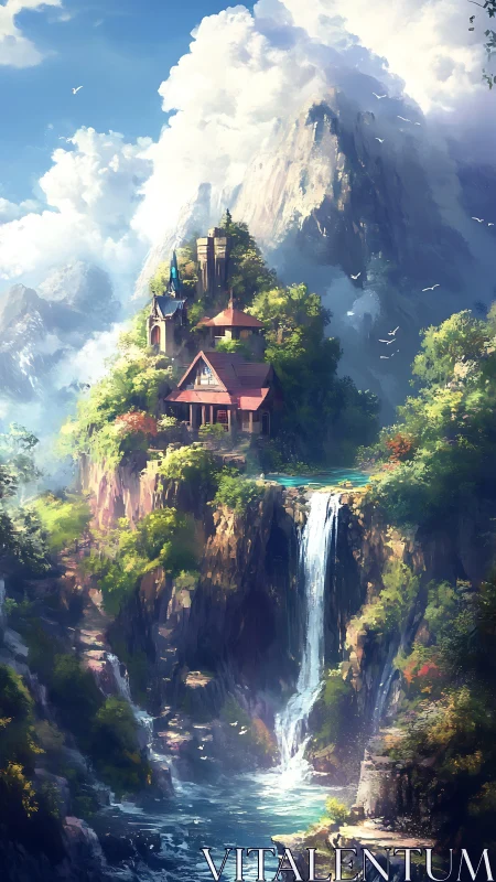 Fantasy cliffside retreat with cascading waterfall environment.