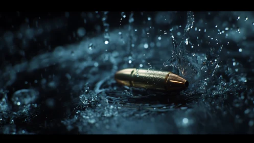 Golden bullet cuts through dark water in frozen motion.