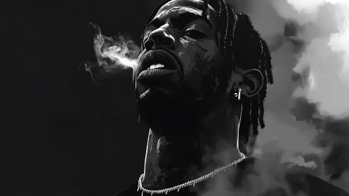Monochrome portrait of man exhaling smoke upward