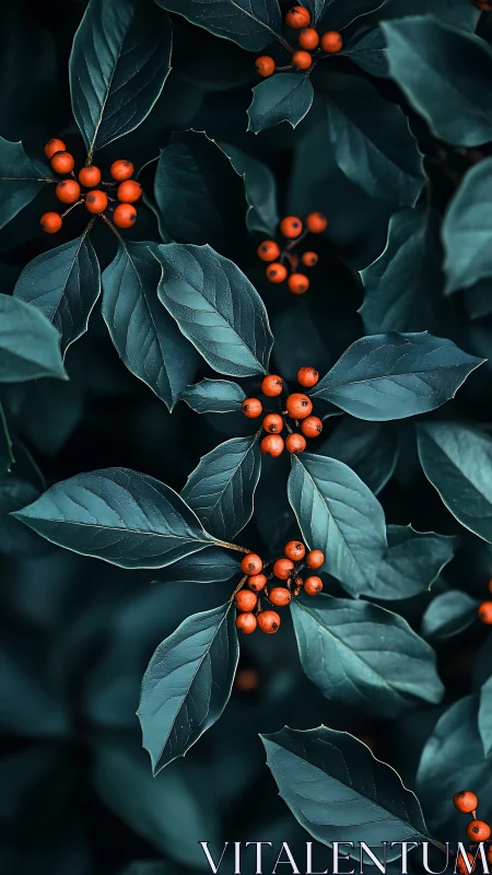 Midnight teal leaves cradle ember-bright woodland berries.
