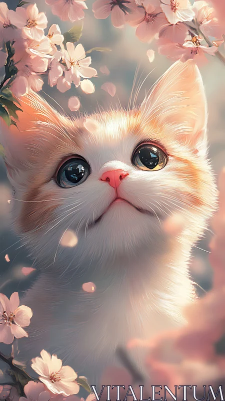 Fluffy White Cat Among Cherry Blossoms.