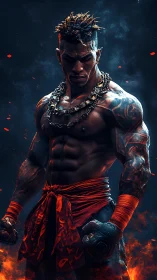 Firelit warrior stands in smoky arena, chains and flames.