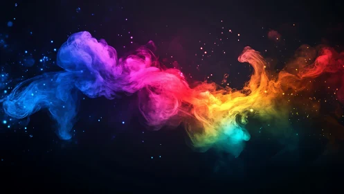 Vibrant neon color smoke swirl on dark cosmic background.