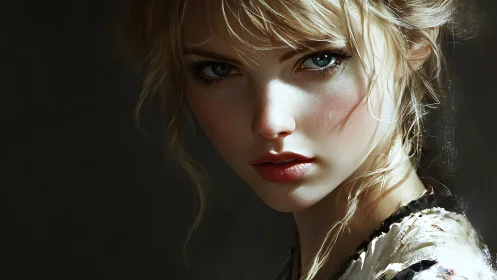 Luminous portrait of blonde woman in dramatic side light.
