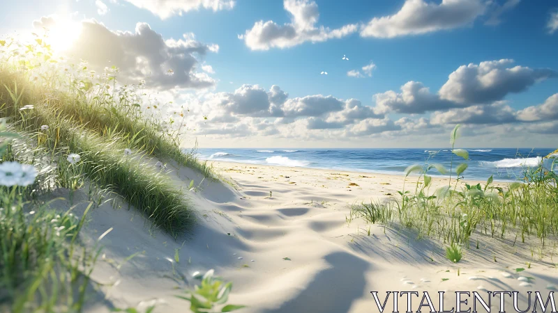 Sunlit sandy beach with dune grass and distant blue waves.