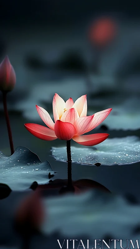 Photorealistic lotus macro with moody shallow depth of field.