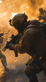 Tactical assault squad in urban firefight with dynamic lighting