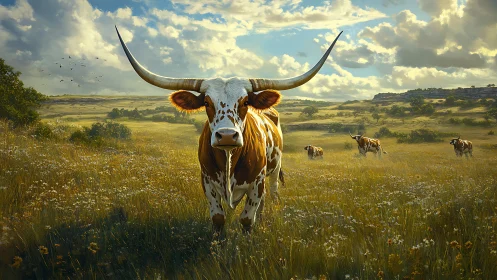 Longhorn monarch strolling through wildflower sunfields.