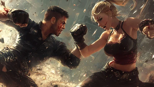 Combat Clash: Armored Fighters Exchange Blows in Golden Explosion.