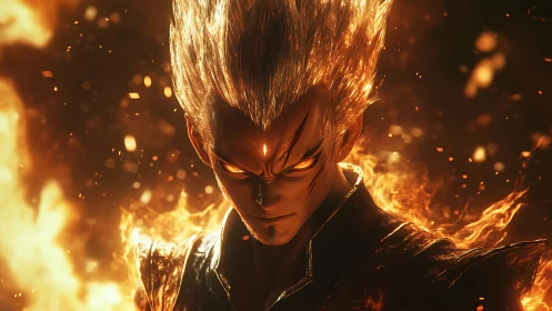 Fiery anime warrior with glowing hair in intense focus.