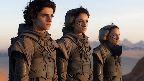 Desert-clad trio gaze across dunes in cinematic photoreal detail